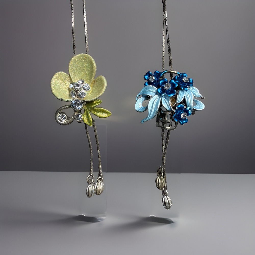 Vintage Silver-Tone Bolo Tie Flower Necklace 2pc Set Adjustable Lariat Necklace